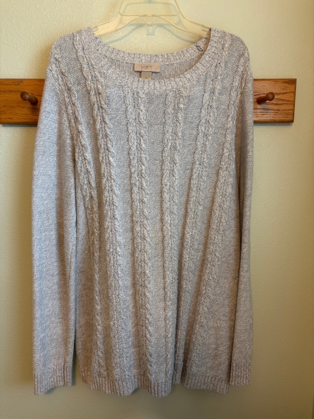 LOFT Light Heather Gray Cable Crewneck Sweater